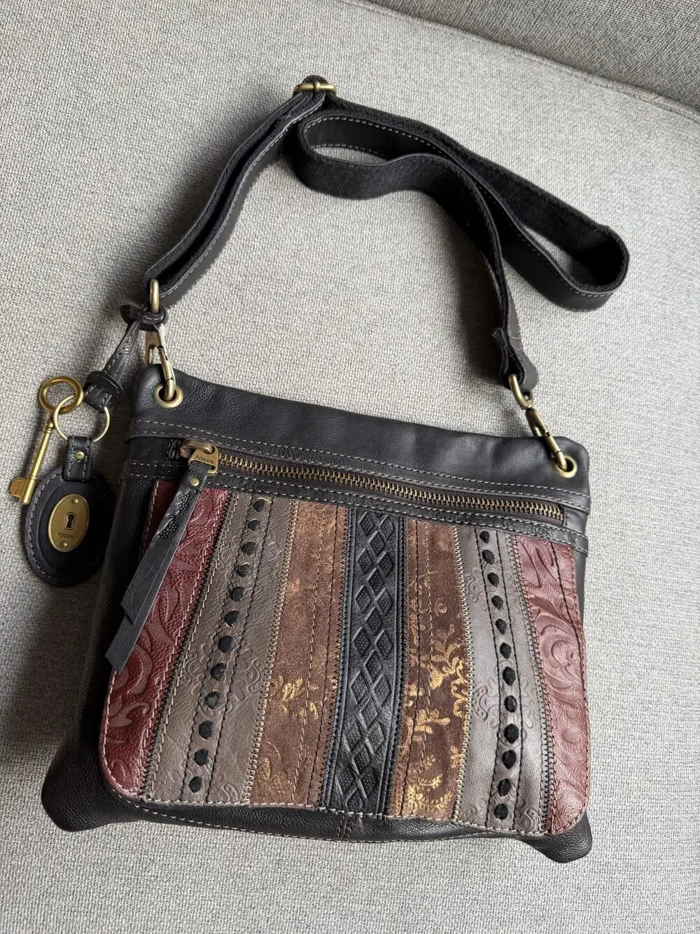 Fossil Black Leather Striped Shoulder Satchel Crossbody Bag Boho Medium